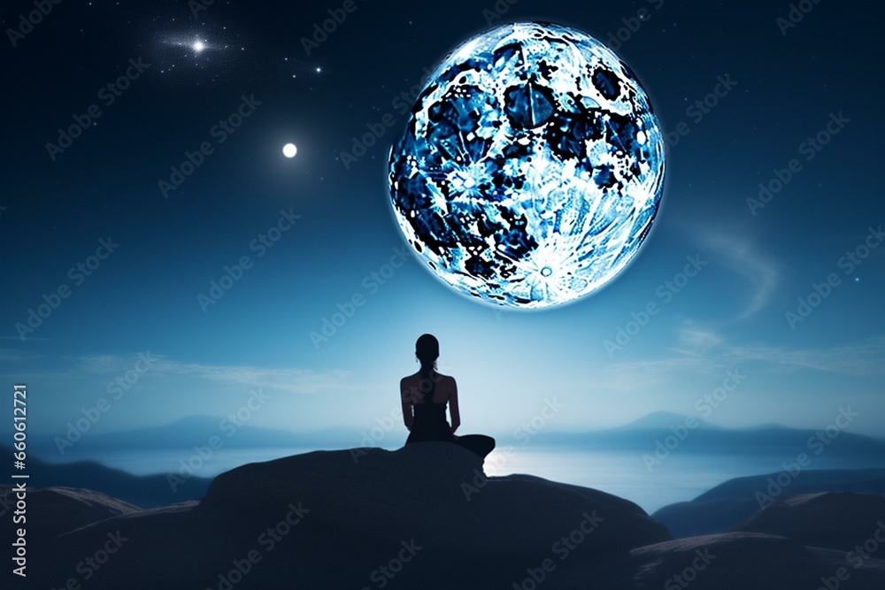 Find stillness in the universe as you meditate on a planet illuminated by a full moon. Generative AI