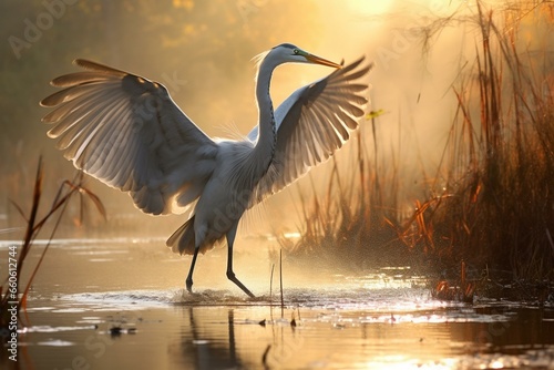 Stunning avian encounter in marshlands, rays of sunlight filtering through. Generative AI © Jago
