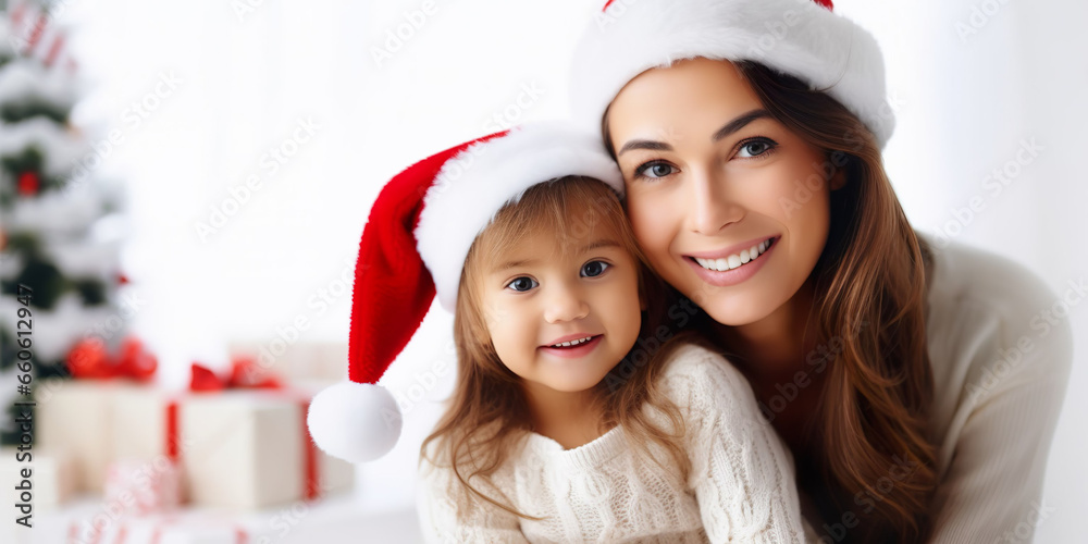 Mother and daughter with Santa hats, white background. Celebrate Christmas with family