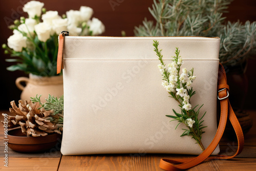 Women's clutch bag in white with a red handle and flowers on the table