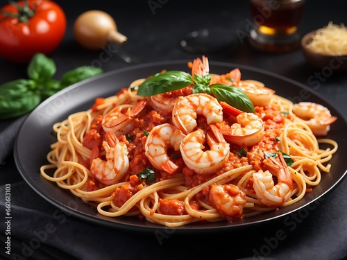 Pasta spaghetti with shrimps and tomato sauce served on plate on dark surface