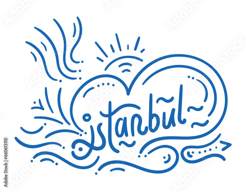 hand drawn istanbul word. istanbul  heart  tulip  sun concept. handwriting istanbul word logo