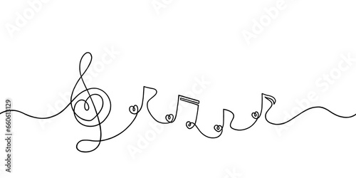 Heart shaped music notes continuous and treble clef one line drawing. Hand drawn doodle sketch minimalism style. Horizontal Music school banner. One black line art.