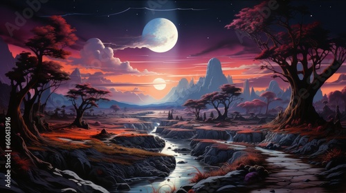 A moonlit painting of nature's wild beauty, with a river weaving through a valley of majestic trees and towering mountains, under a sky painted with the fiery hues of a breathtaking sunset