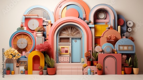 A vibrant wall of a whimsical dollhouse building, bursting with indoor treasures and eclectic decor, evoking a sense of playful nostalgia and artistic flair