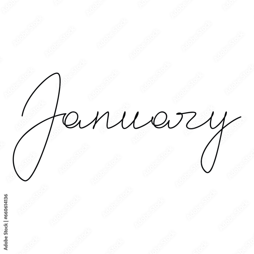 January vector text. Calligraphic lettering. Line continuous calligraphy, graphic design, hand drawn element for print, banner, wall art poster, card, logo, calendar, winter season checklist. January vector text. Calligraphic lettering. Line continuous calligraphy, graphic design, hand drawn element for print, banner, wall art poster, card, logo, calendar, winter season checklist.