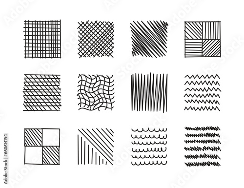 hand drawn linear scribble set. twelve hand drawn scribbles