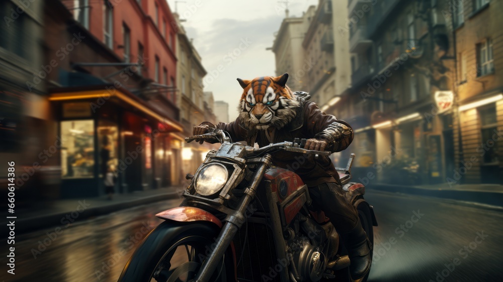 A mysterious figure donning fierce tiger mask races through city streets on roaring motorcycle, their wild ride defying gravity as they leave buildings and tires in their wake under the vast open sky