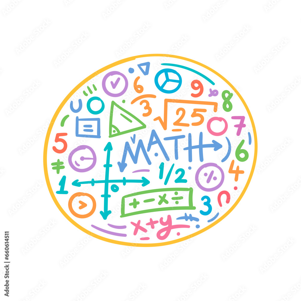 hand drawn math symbols. colorful math symbols. doodle math symbols