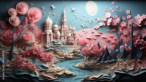 A whimsical castle crafted from paper, bringing to life a fusion of painting, art, and cartoon with a touch of anime charm