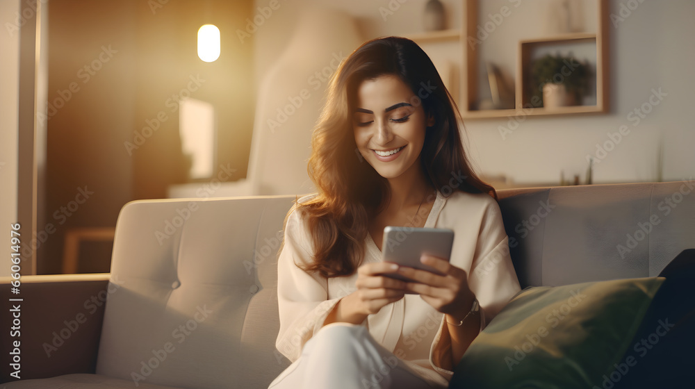 Smiling girl doing online ecommerce shopping in mobile apps Smiling girl doing online ecommerce shopping in mobile apps