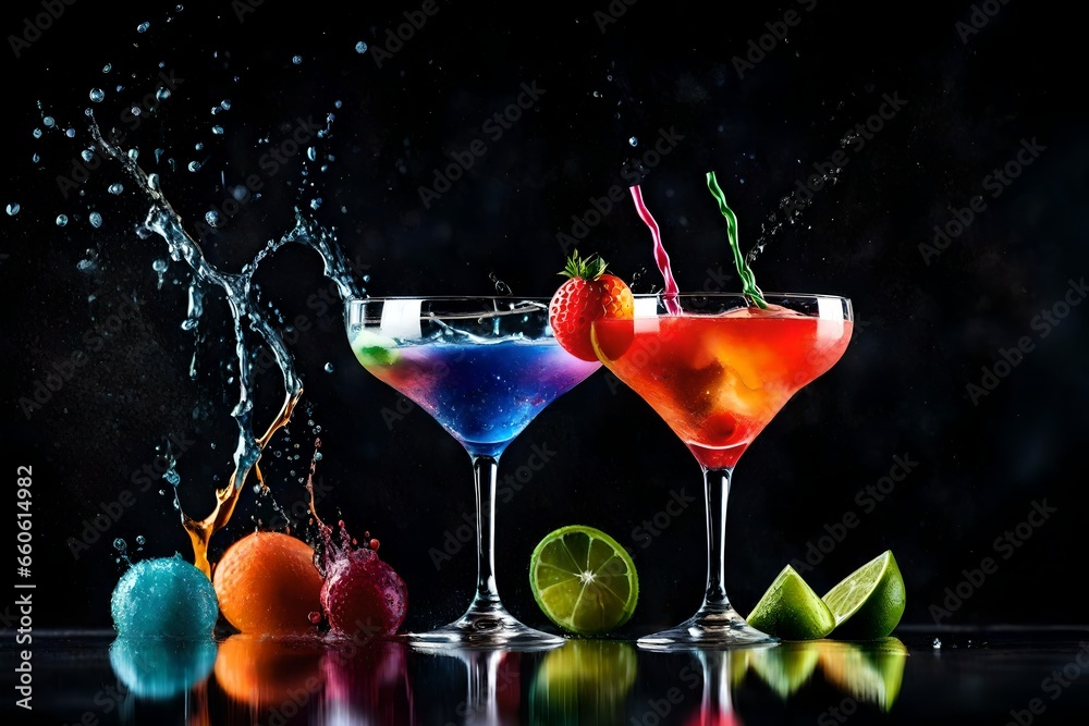cocktail with lime and cherry with black background
