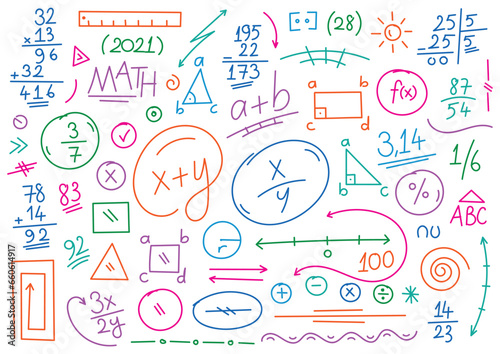 hand drawn math symbols. math symbols on white background. sketch math symbols