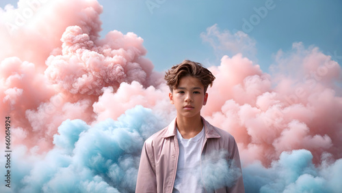 A young handsome boy model in pink and blue smoke on a pastel blue background.