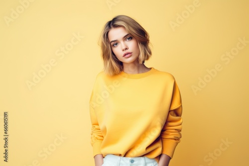 studio photo of a beautiful supermodel, in a simple bright warm sweatshirt and trousers