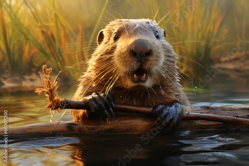 Resourceful Beaver river animal wild. Water natural. Generate Ai photo