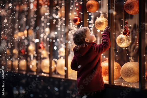 Little boy admires Christmas decorations in store window on winter evening