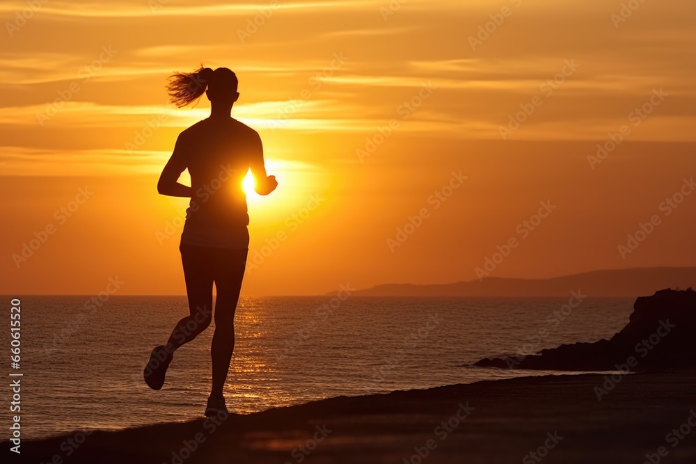 A woman running on the beach at sunset. Perfect for fitness and wellness-related projects.