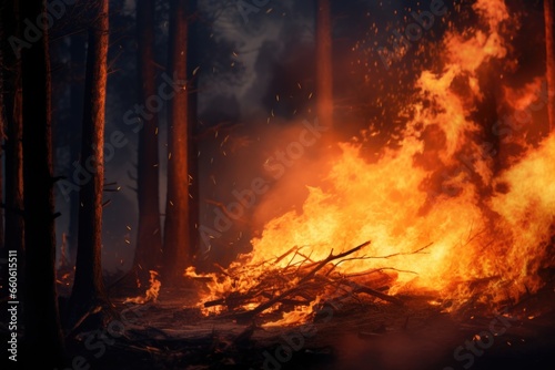 A raging fire in the midst of a dense forest. This image can be used to depict the destructive force of wildfires and the need for fire prevention measures.