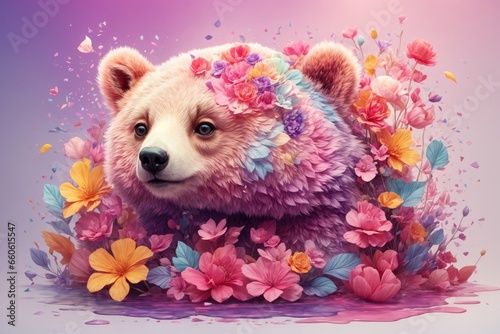 A detailed illustration of a print of a colorful baby bear with flowers. ai generative © Anna