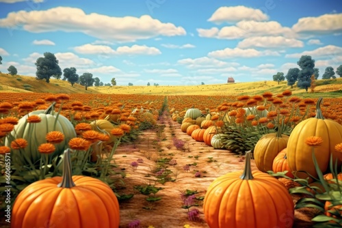 A picturesque field filled with vibrant pumpkins and colorful flowers. Perfect for autumn-themed designs and seasonal promotions.