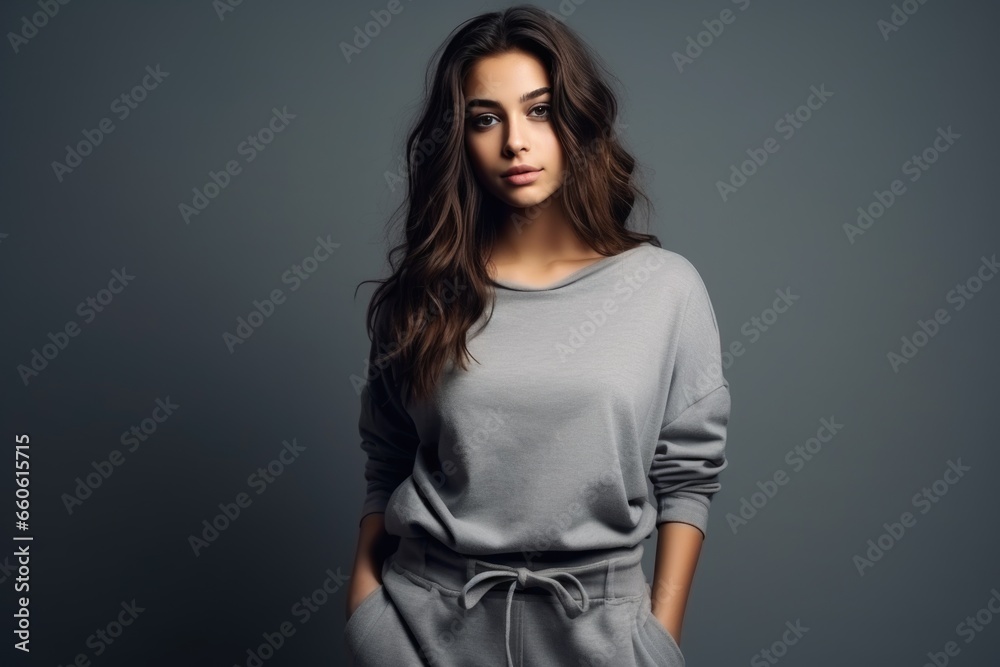 studio photo of a beautiful supermodel, wearing a simple bright warm sweatshirt and trousers studio photo of a beautiful supermodel, wearing a simple bright warm sweatshirt and trousers