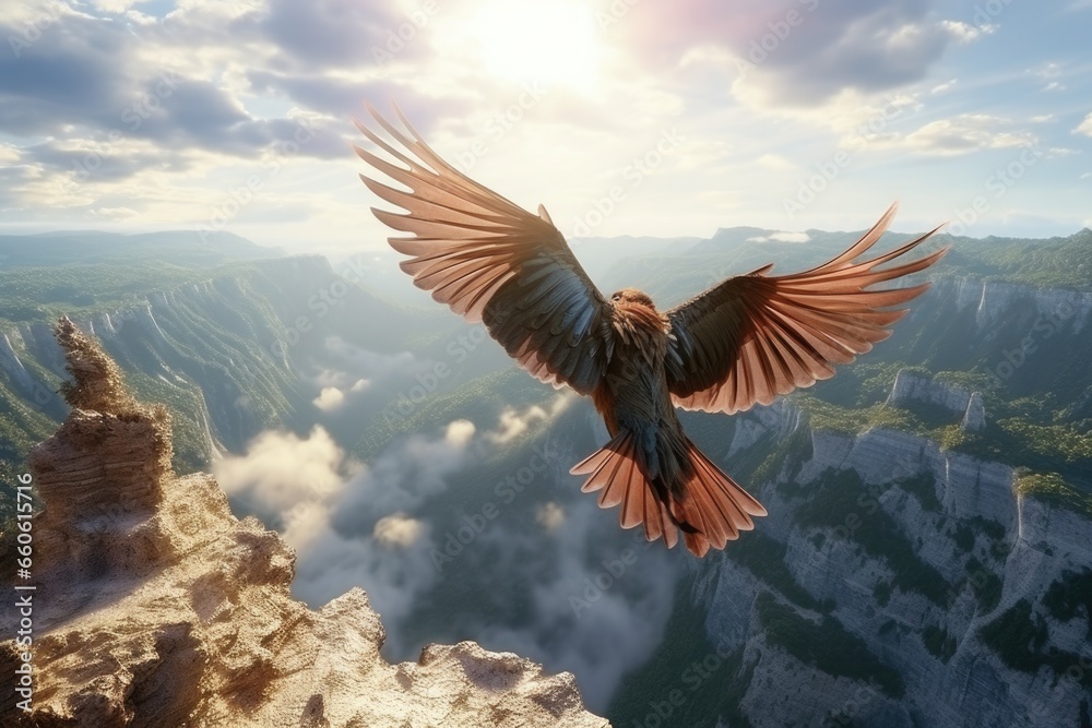 A majestic bird soaring through the sky above a picturesque mountain peak. Perfect for nature and adventure themed projects. - obrazy, fototapety, plakaty 