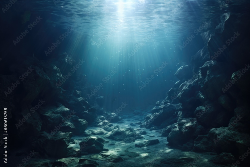 An underwater view of a cave with water and rocks. Perfect for nature and adventure themes.