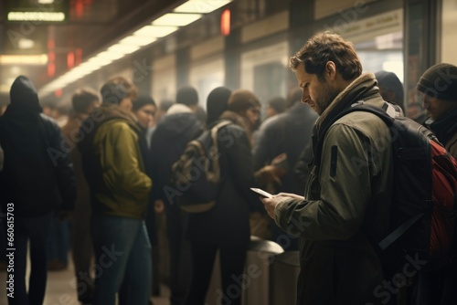 A group of people standing next to each other on a subway platform. This image can be used to depict a busy urban scene or public transportation. © Fotograf