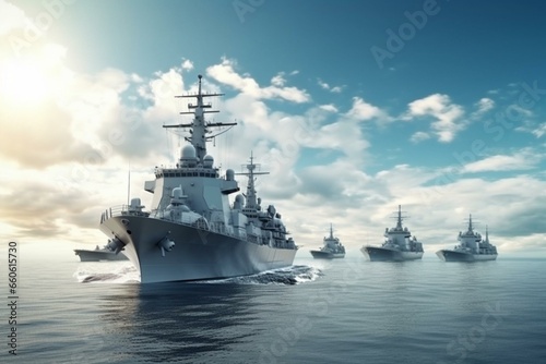 Warship with loaded fighter jets ready for troops, banner for forwarding mast. Generative AI