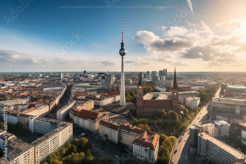 Panoramic view of Berlin skyline featuring the prominent TV tower. Generative AI