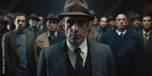 A man in old fashion gangster style surrounded by people.