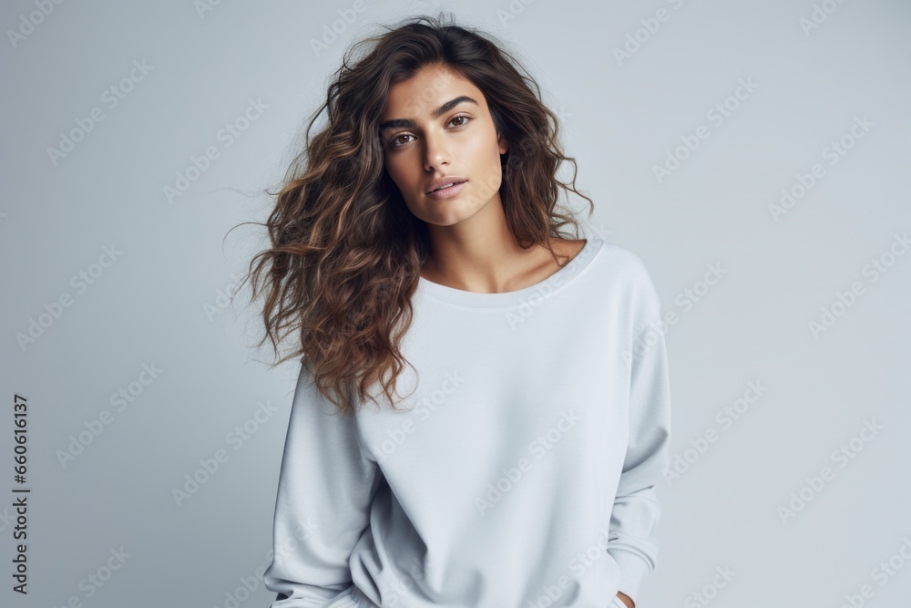 studio photo of a beautiful supermodel, wearing a simple bright warm sweatshirt and trousers studio photo of a beautiful supermodel, wearing a simple bright warm sweatshirt and trousers