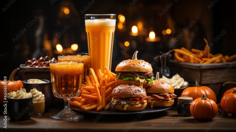 Amidst halloween decorations, table adorned with pumpkin candles holds mouthwatering spread of juicy burgers and crispy fries, accompanied by refreshing glasses of orange squash and vegetable juice
