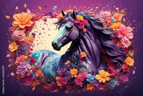 A detailed illustration of a print of a black horse with flowers. ai generative