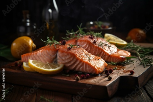 delicious salmon served on wooden table, closeup. Generative AI