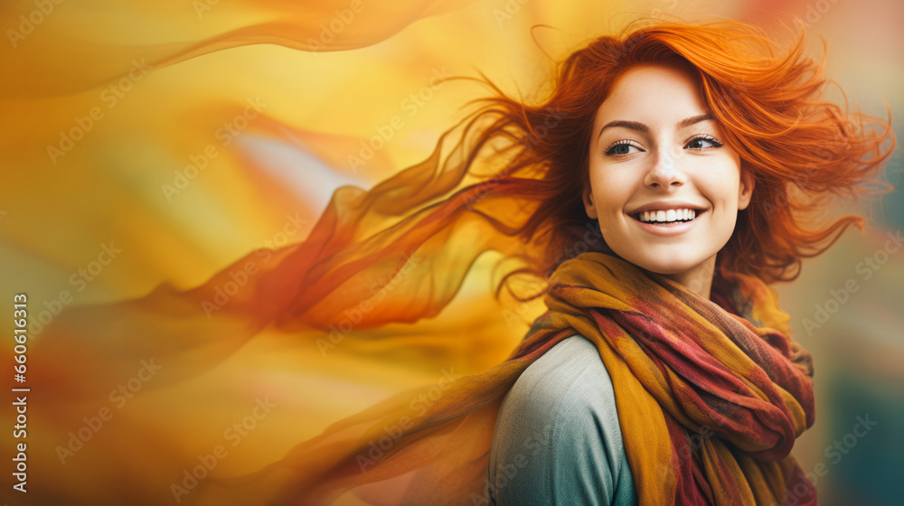 Fototapeta premium A beautiful, smiling young woman with red hair, wearing a long, colorful scarf billowing in the wind in autumn colors.