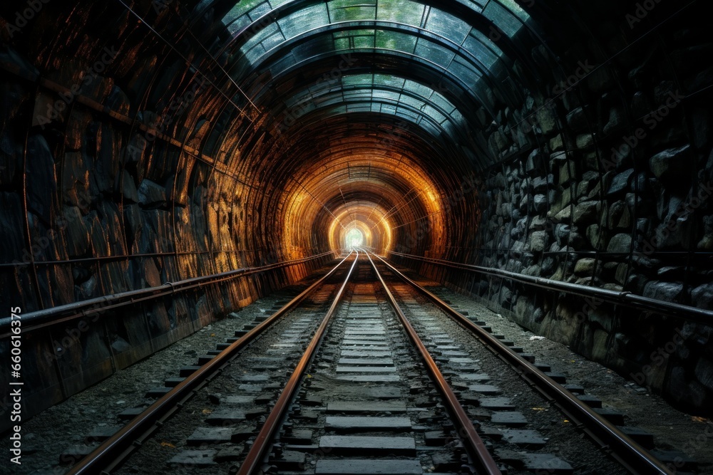 Fototapeta premium Sleek Glass railway tunnel. Subway station. Generate Ai