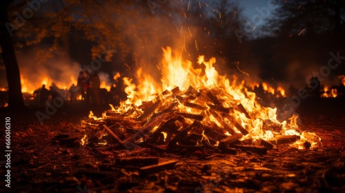 A fiery inferno blazes amidst a sea of jubilant revelers, as the night sky is illuminated by the vibrant flames of the bonfires, consuming all in its path with its scorching heat and billowing smoke