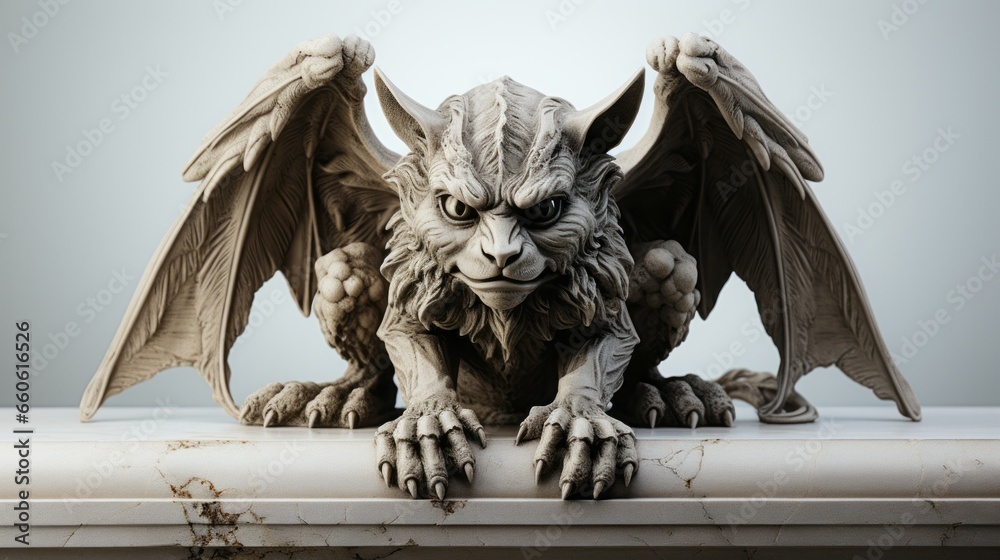 Fototapeta premium Perched atop the sky, a fierce gargoyle statue stands guard over the outdoor realm, its animal-like features embodying both strength and grace as it watches over the birds that soar below