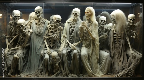 Preserved in time, a skeletal masterpiece adorns the museum with its intricate display of art and sculpture, evoking a hauntingly beautiful blend of life and death within the indoor walls of glass