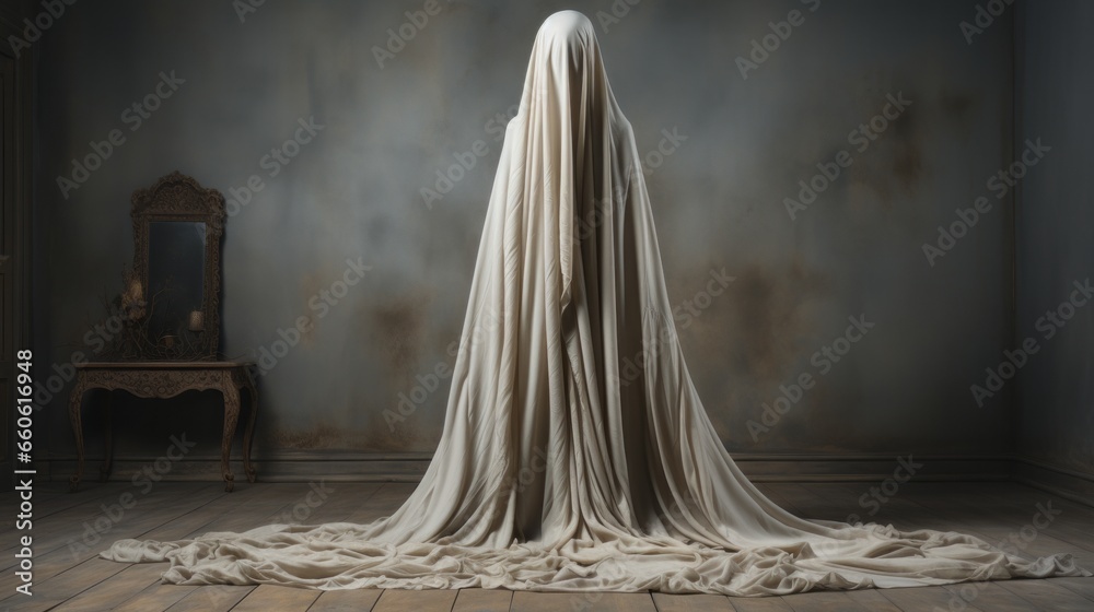 A ghostly figure, adorned in a flowing white dress, stands amongst the vibrant artwork, her feet planted firmly on the polished indoor floor as she contemplates the wall before her A ghostly figure, adorned in a flowing white dress, stands amongst the vibrant artwork, her feet planted firmly on the polished indoor floor as she contemplates the wall before her