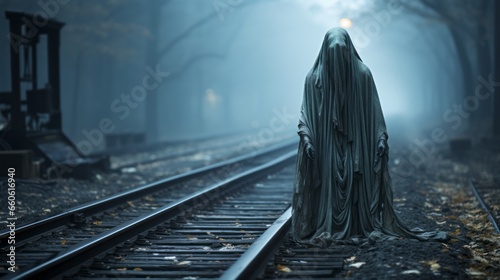 A shrouded ghost stands atop the foggy train tracks, their face hidden as they await the arrival of the speeding locomotive on the ground below
