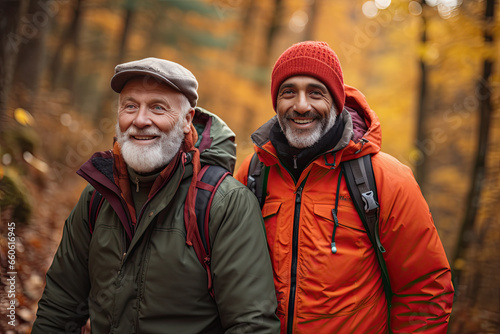 hombres caminando con ropa de invierno por bosque otoñal