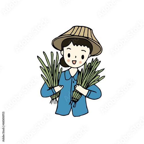 Cartoon Thai farmer holding rice, hand drawn style vector.