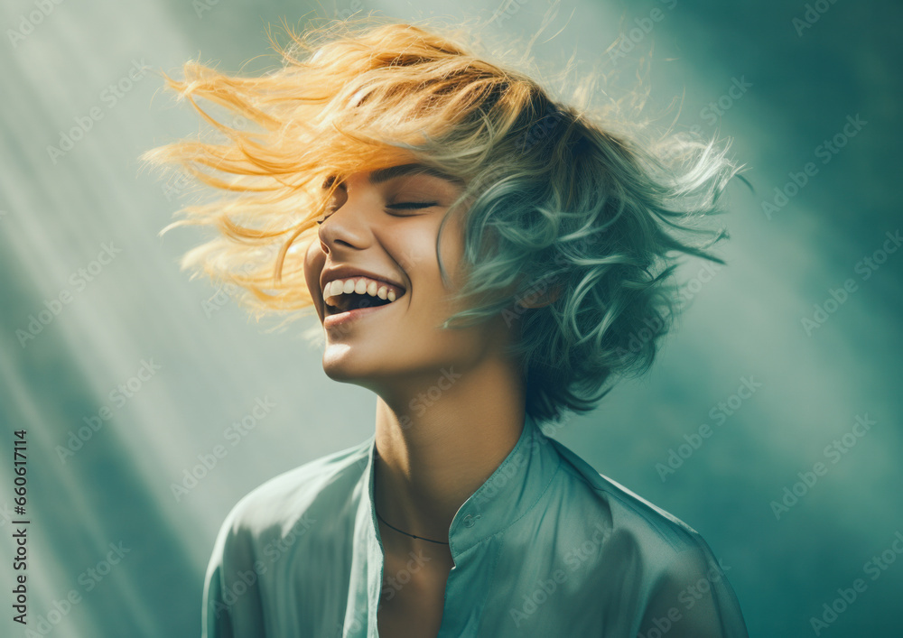 A young, smiling, and confident girl with ombre turquoise and orange hair, which the wind is blowing in various directions. A young, smiling, and confident girl with ombre turquoise and orange hair, which the wind is blowing in various directions.