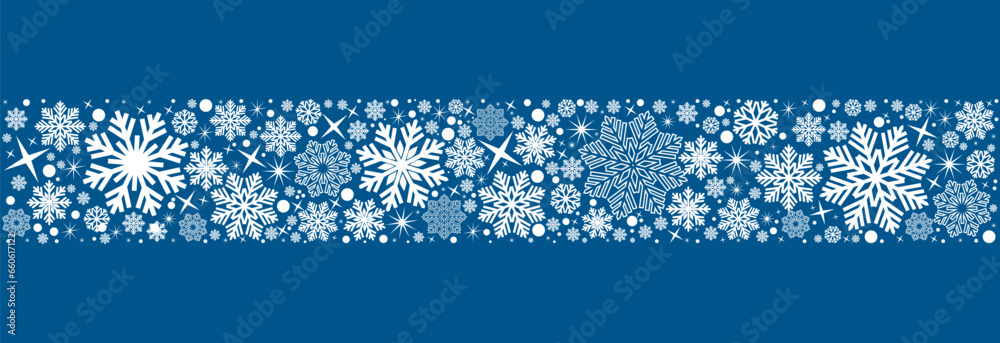 Snowflakes seamless border .Ornament with white snowflakes and stars isolated on blue background .Christmas blue horizontal border.Christmas decoration. - obrazy, fototapety, plakaty 