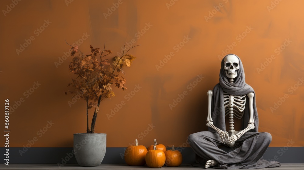 Amidst a still autumn scene, a skeleton sits against the wall, surrounded by pumpkins, fruits, and vases, embracing the essence of halloween indoors