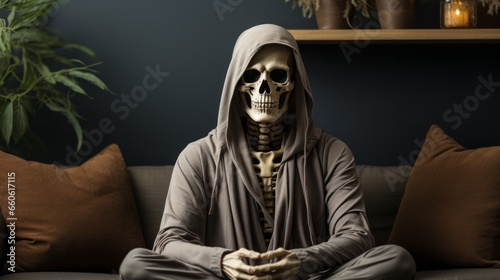Enveloped in a skeleton garment, the person sat on the plush couch, their gaze fixed on the blank wall, lost in thoughts of identity and mortality