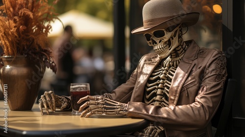 A stylish skeleton sips coffee at an outdoor street cafe, donning a fancy hat and chic glasses while surrounded by a vase of vibrant flowers and a potted plant on the table